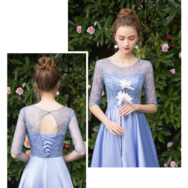 Affordable Sky Blue Satin Bridesmaid Dresses 2019 A-Line / Princess Floor-Length / Long Ruffle Backless Wedding Party Dresses