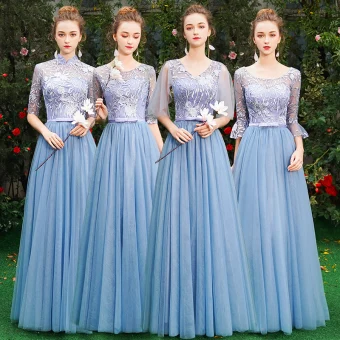 Abordable Bleu Robe Demoiselle D Honneur 2019 Princesse Appliques En Dentelle Noeud Ceinture Longue Volants Dos Nu Robe Pour Mariage