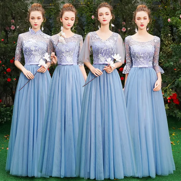 Asequible Azul Vestidos De Damas De Honor 2019 A-Line / Princess Apliques Con Encaje Bowknot Cinturón Largos Ruffle Sin Espalda Vestidos para bodas