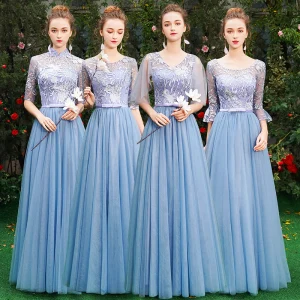 Affordable Pool Blue Bridesmaid Dresses 2019 A Line Princess Appliques Lace Bow Sash Floor Length Long Ruffle Backless Wedding Party Dresses