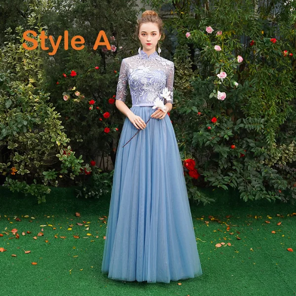 pool bridesmaid dress BABARONI V Neck Lace and Chiffon Dress with Long Sleeves Pool, Pool / US0 main image 1