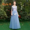 Affordable Pool Blue Bridesmaid Dresses 2019 A-Line / Princess Appliques Lace Bow Sash Floor-Length / Long Ruffle Backless Wedding Party Dresses