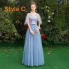 Affordable Pool Blue Bridesmaid Dresses 2019 A-Line / Princess Appliques Lace Bow Sash Floor-Length / Long Ruffle Backless Wedding Party Dresses