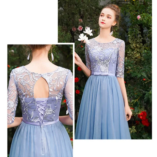 Affordable Pool Blue Bridesmaid Dresses 2019 A-Line / Princess Appliques Lace Bow Sash Floor-Length / Long Ruffle Backless Wedding Party Dresses