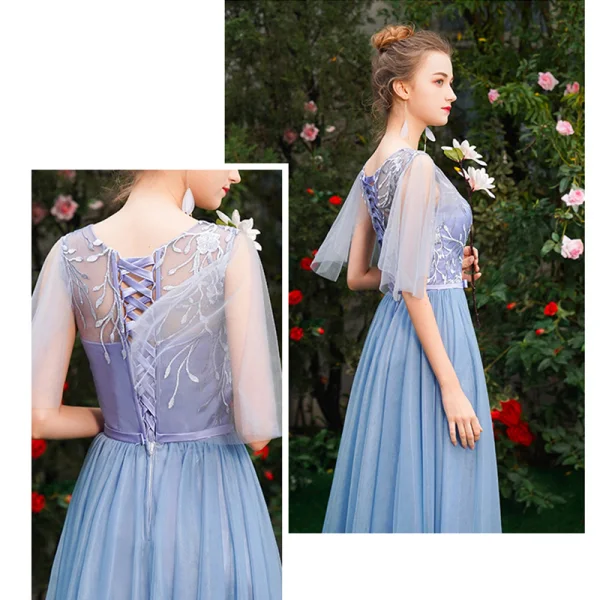 Affordable Pool Blue Bridesmaid Dresses 2019 A-Line / Princess Appliques Lace Bow Sash Floor-Length / Long Ruffle Backless Wedding Party Dresses