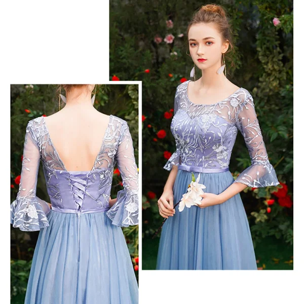 Affordable Pool Blue Bridesmaid Dresses 2019 A-Line / Princess Appliques Lace Bow Sash Floor-Length / Long Ruffle Backless Wedding Party Dresses