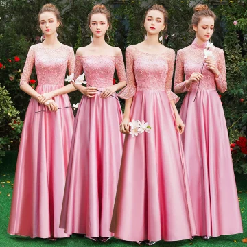 Abordable Rose Bonbon Satin Robe Demoiselle D Honneur 2019 Princesse Longue Volants Dos Nu Robe Pour Mariage