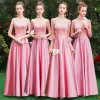 Affordable Candy Pink Satin Bridesmaid Dresses 2019 A-Line / Princess Floor-Length / Long Ruffle Backless Wedding Party Dresses