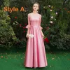 Affordable Candy Pink Satin Bridesmaid Dresses 2019 A-Line / Princess Floor-Length / Long Ruffle Backless Wedding Party Dresses