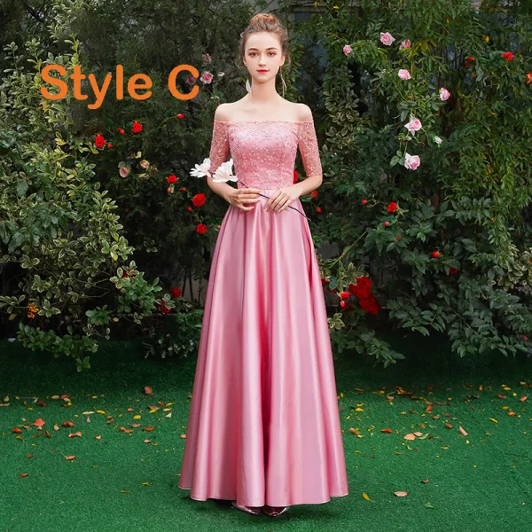Affordable Candy Pink Satin Bridesmaid Dresses 2019 A-Line / Princess Floor-Length / Long Ruffle Backless Wedding Party Dresses