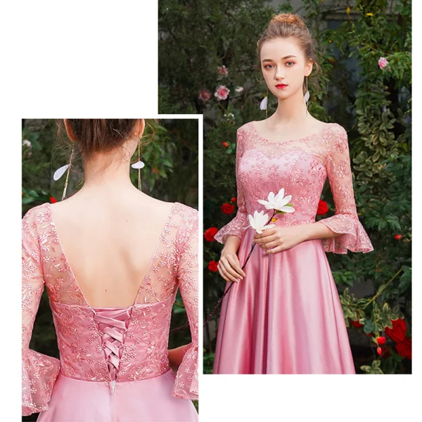 Affordable Candy Pink Satin Bridesmaid Dresses 2019 A-Line / Princess Floor-Length / Long Ruffle Backless Wedding Party Dresses