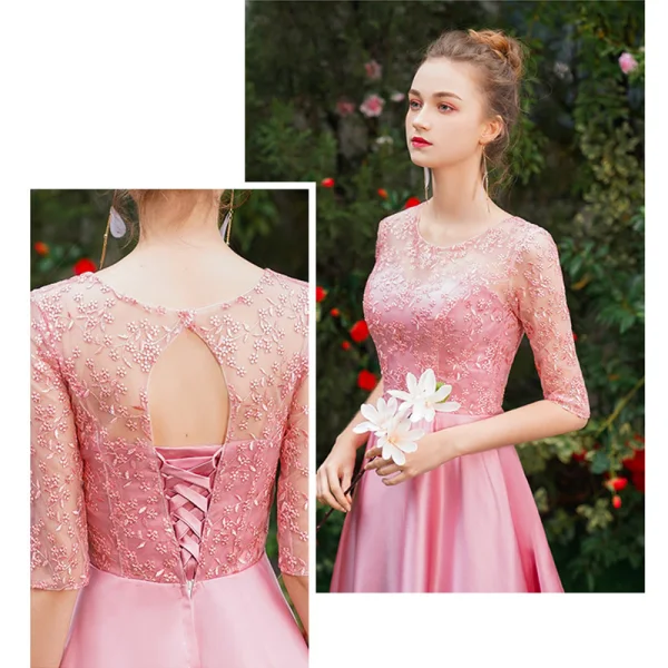 Affordable Candy Pink Satin Bridesmaid Dresses 2019 A-Line / Princess Floor-Length / Long Ruffle Backless Wedding Party Dresses