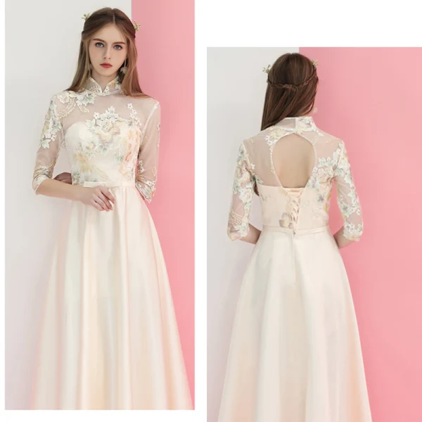 Élégant Champagne Satin Transparentes Robe Demoiselle D'honneur 2019 Princesse Appliques Brodé Noeud Ceinture Longue Volants Dos Nu Robe Pour Mariage