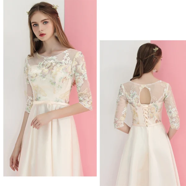 Élégant Champagne Satin Transparentes Robe Demoiselle D'honneur 2019 Princesse Appliques Brodé Noeud Ceinture Longue Volants Dos Nu Robe Pour Mariage