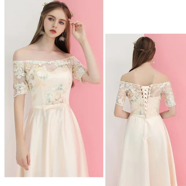 Élégant Champagne Satin Transparentes Robe Demoiselle D'honneur 2019 Princesse Appliques Brodé Noeud Ceinture Longue Volants Dos Nu Robe Pour Mariage