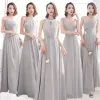 Affordable Grey Chiffon Bridesmaid Dresses 2019 A-Line / Princess Floor-Length / Long Ruffle Backless Wedding Party Dresses