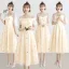 Lovely Champagne See-through Bridesmaid Dresses 2019 A-Line / Princess Appliques Lace Tea-length Ruffle Backless Wedding Party Dresses