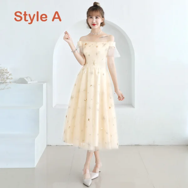Lovely Champagne See-through Bridesmaid Dresses 2019 A-Line / Princess Appliques Lace Tea-length Ruffle Backless Wedding Party Dresses