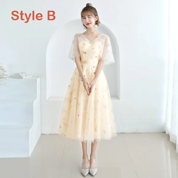 Lovely Champagne See-through Bridesmaid Dresses 2019 A-Line / Princess Appliques Lace Tea-length Ruffle Backless Wedding Party Dresses