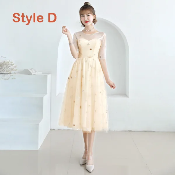 Lovely Champagne See-through Bridesmaid Dresses 2019 A-Line / Princess Appliques Lace Tea-length Ruffle Backless Wedding Party Dresses
