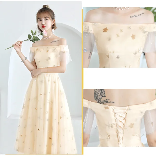 Lovely Champagne See-through Bridesmaid Dresses 2019 A-Line / Princess Appliques Lace Tea-length Ruffle Backless Wedding Party Dresses