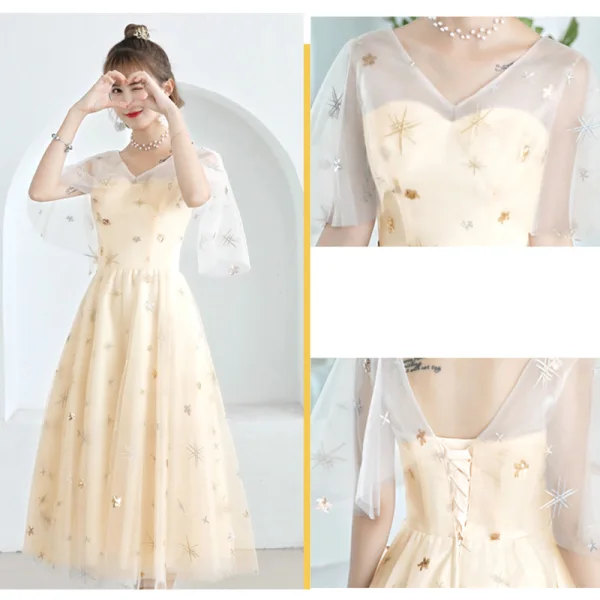 Lovely Champagne See-through Bridesmaid Dresses 2019 A-Line / Princess Appliques Lace Tea-length Ruffle Backless Wedding Party Dresses