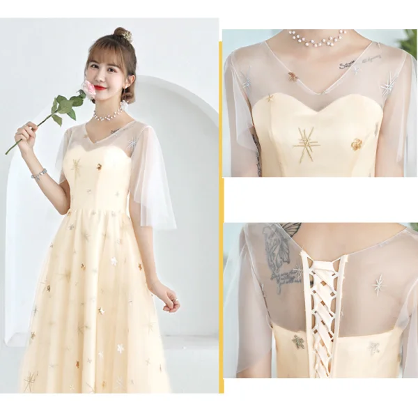 Lovely Champagne See-through Bridesmaid Dresses 2019 A-Line / Princess Appliques Lace Tea-length Ruffle Backless Wedding Party Dresses