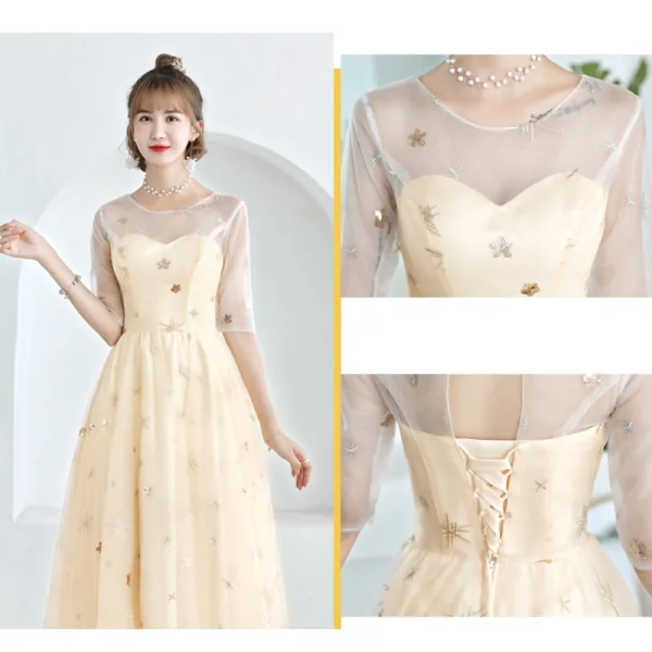 Lovely Champagne See-through Bridesmaid Dresses 2019 A-Line / Princess Appliques Lace Tea-length Ruffle Backless Wedding Party Dresses