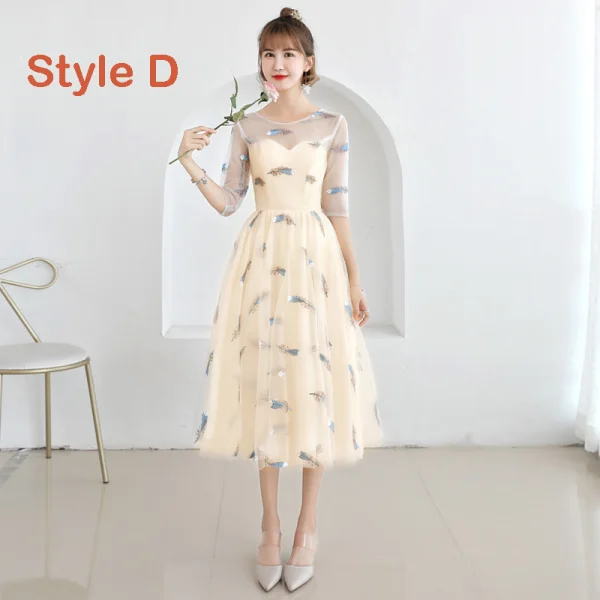 Lovely Champagne Bridesmaid Dresses 2019 A-Line / Princess Feather Appliques Lace Tea-length Ruffle Backless Wedding Party Dresses