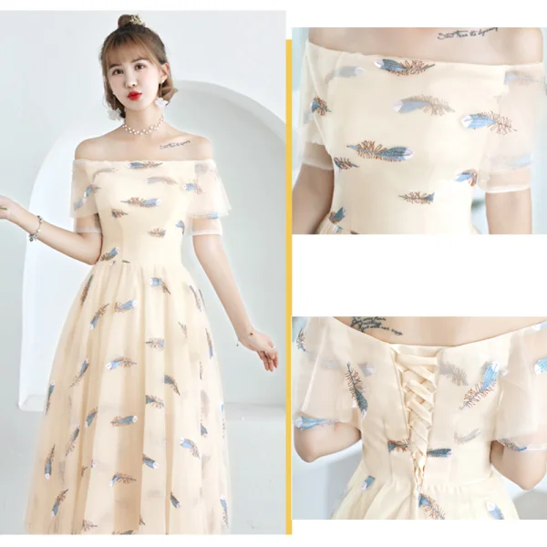 Lovely Champagne Bridesmaid Dresses 2019 A-Line / Princess Feather Appliques Lace Tea-length Ruffle Backless Wedding Party Dresses