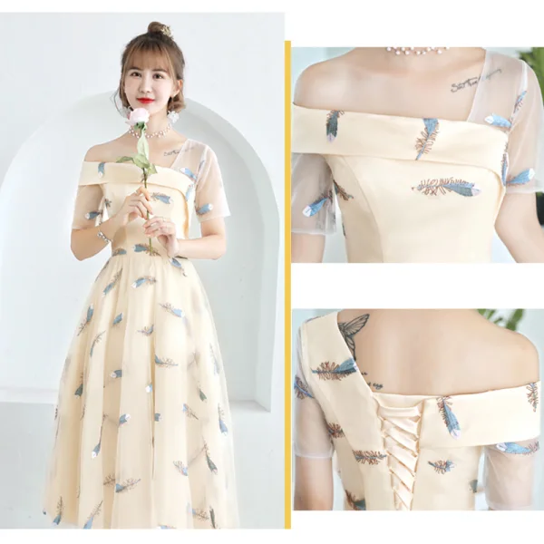 Lovely Champagne Bridesmaid Dresses 2019 A-Line / Princess Feather Appliques Lace Tea-length Ruffle Backless Wedding Party Dresses