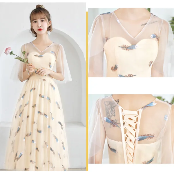 Lovely Champagne Bridesmaid Dresses 2019 A-Line / Princess Feather Appliques Lace Tea-length Ruffle Backless Wedding Party Dresses