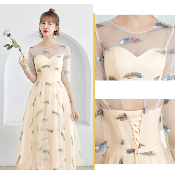 Lovely Champagne Bridesmaid Dresses 2019 A-Line / Princess Feather Appliques Lace Tea-length Ruffle Backless Wedding Party Dresses