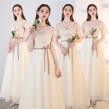 Chic Beautiful Champagne See Through Bridesmaid Dresses 2019 A Line Princess Appliques Lace Sash Ankle Length Ruffle Backless Wedding Party Dresses