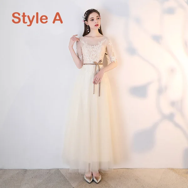 Chic / Beautiful Champagne See-through Bridesmaid Dresses 2019 A-Line / Princess Appliques Lace Sash Ankle Length Ruffle Backless Wedding Party Dresses