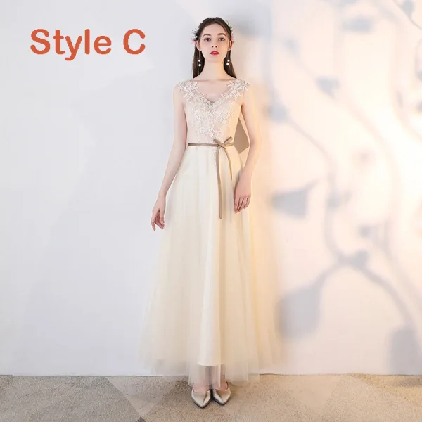 Chic / Beautiful Champagne See-through Bridesmaid Dresses 2019 A-Line / Princess Appliques Lace Sash Ankle Length Ruffle Backless Wedding Party Dresses