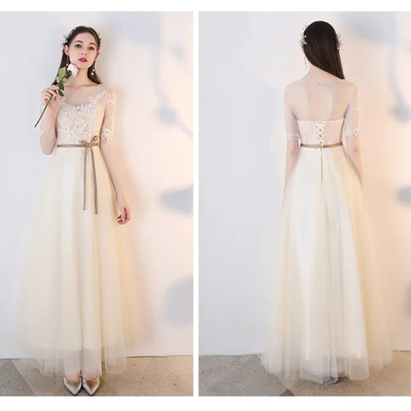 Chic / Beautiful Champagne See-through Bridesmaid Dresses 2019 A-Line / Princess Appliques Lace Sash Ankle Length Ruffle Backless Wedding Party Dresses
