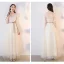 Chic / Beautiful Champagne See-through Bridesmaid Dresses 2019 A-Line / Princess Appliques Lace Sash Ankle Length Ruffle Backless Wedding Party Dresses