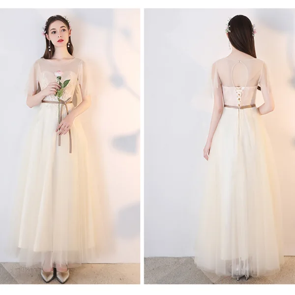 Chic / Beautiful Champagne See-through Bridesmaid Dresses 2019 A-Line / Princess Appliques Lace Sash Ankle Length Ruffle Backless Wedding Party Dresses