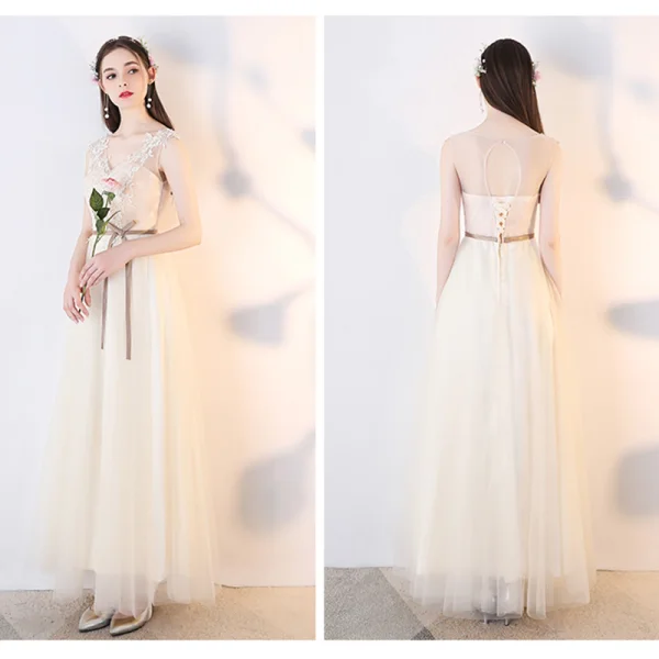 Chic / Beautiful Champagne See-through Bridesmaid Dresses 2019 A-Line / Princess Appliques Lace Sash Ankle Length Ruffle Backless Wedding Party Dresses