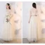 Chic / Beautiful Champagne See-through Bridesmaid Dresses 2019 A-Line / Princess Appliques Lace Sash Ankle Length Ruffle Backless Wedding Party Dresses