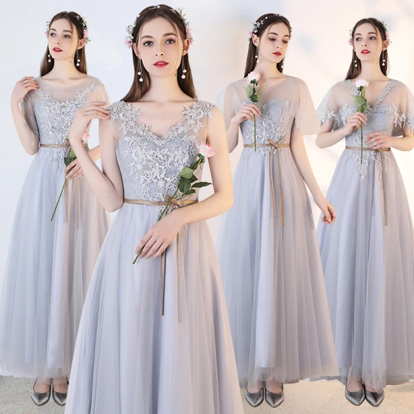 Chic / Beautiful Grey See-through Bridesmaid Dresses 2019 A-Line / Princess Appliques Lace Sash Ankle Length Ruffle Backless Wedding Party Dresses