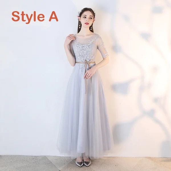 Chic / Beautiful Grey See-through Bridesmaid Dresses 2019 A-Line / Princess Appliques Lace Sash Ankle Length Ruffle Backless Wedding Party Dresses