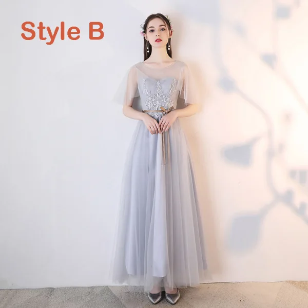Chic / Beautiful Grey See-through Bridesmaid Dresses 2019 A-Line / Princess Appliques Lace Sash Ankle Length Ruffle Backless Wedding Party Dresses
