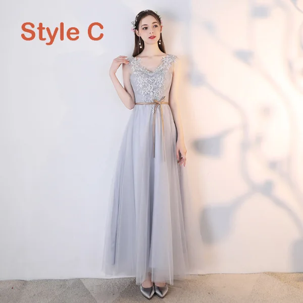 Chic / Beautiful Grey See-through Bridesmaid Dresses 2019 A-Line / Princess Appliques Lace Sash Ankle Length Ruffle Backless Wedding Party Dresses