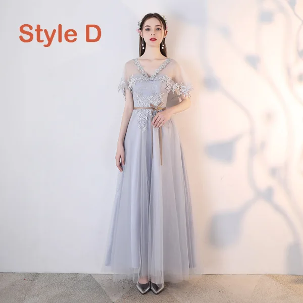 Chic / Beautiful Grey See-through Bridesmaid Dresses 2019 A-Line / Princess Appliques Lace Sash Ankle Length Ruffle Backless Wedding Party Dresses