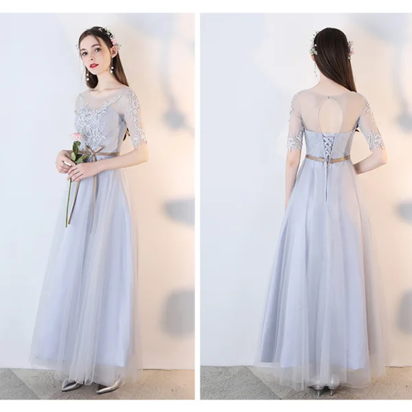 Chic / Beautiful Grey See-through Bridesmaid Dresses 2019 A-Line / Princess Appliques Lace Sash Ankle Length Ruffle Backless Wedding Party Dresses