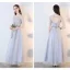 Chic / Beautiful Grey See-through Bridesmaid Dresses 2019 A-Line / Princess Appliques Lace Sash Ankle Length Ruffle Backless Wedding Party Dresses