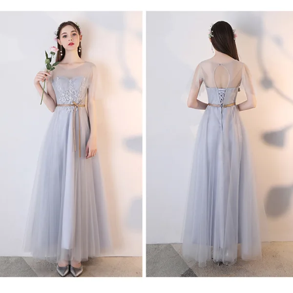 Chic / Beautiful Grey See-through Bridesmaid Dresses 2019 A-Line / Princess Appliques Lace Sash Ankle Length Ruffle Backless Wedding Party Dresses