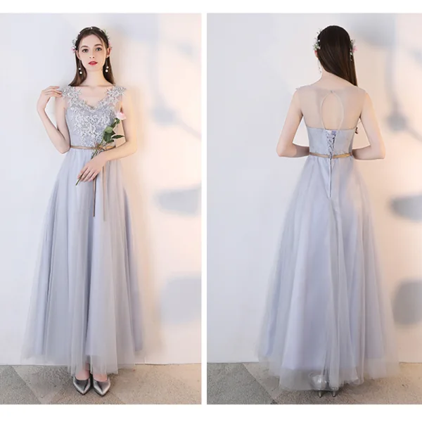 Chic / Beautiful Grey See-through Bridesmaid Dresses 2019 A-Line / Princess Appliques Lace Sash Ankle Length Ruffle Backless Wedding Party Dresses